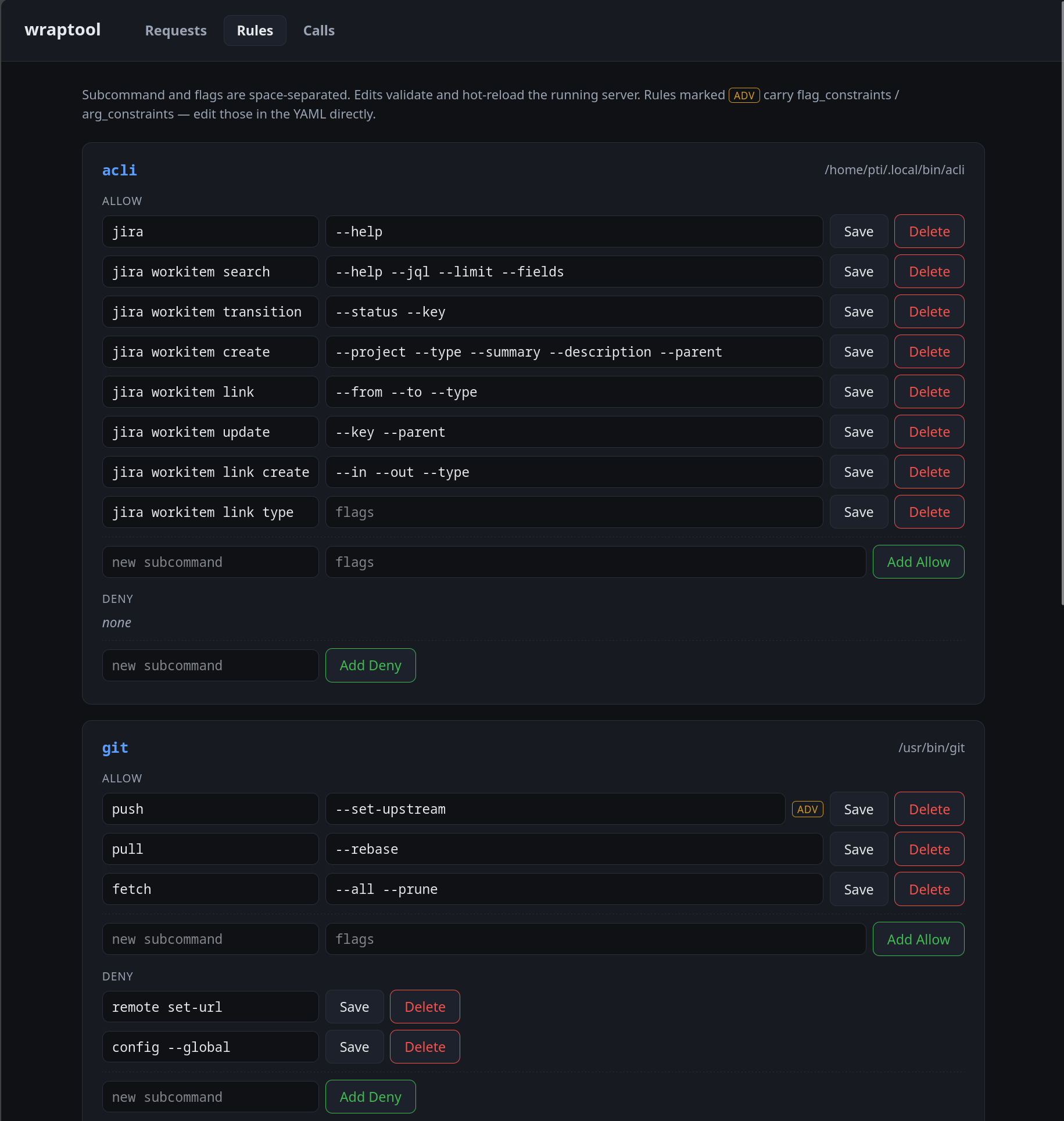 wraptool Web UI Rules page showing acli and git tool cards with allow and deny rules and edit controls